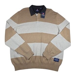 CHAPS Rugby Tan/Cream Stripe Long Sleeve 1/4 Button Knit Sweater- Men's XXL NWT